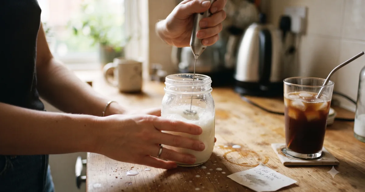 Frothing cold cream in a mason jar with a handheld frother