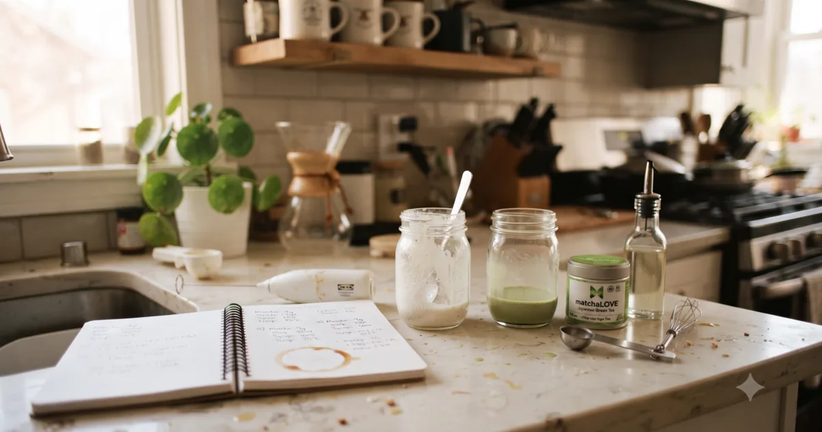 The Home Cafe Lab counter: mason jars, matcha, a frother, and the ratio notebook